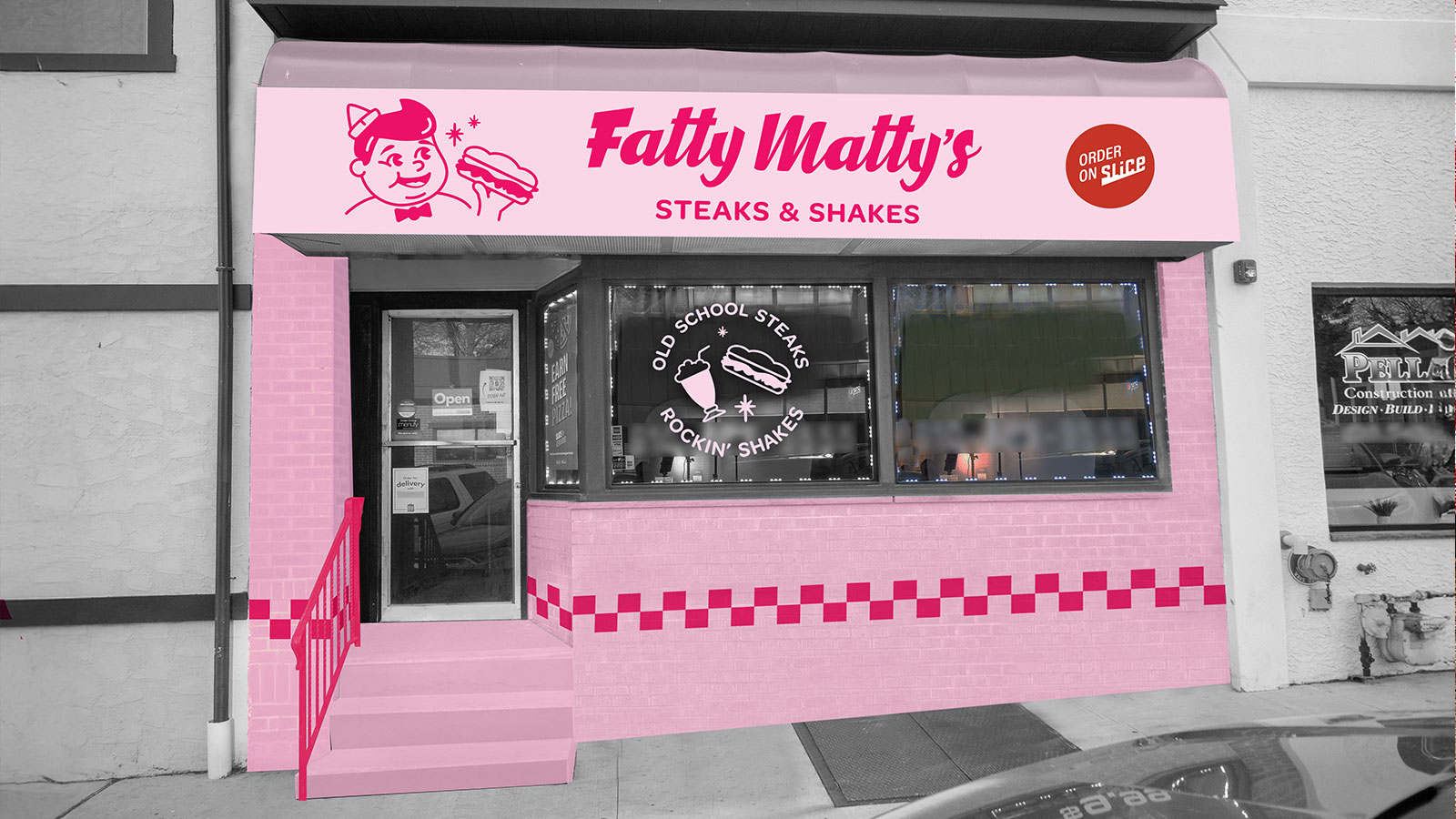 Fatty Matty's identity. Storefront design