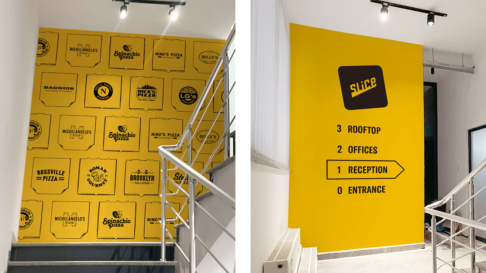Skopje office design. Stair landing wall graphic.