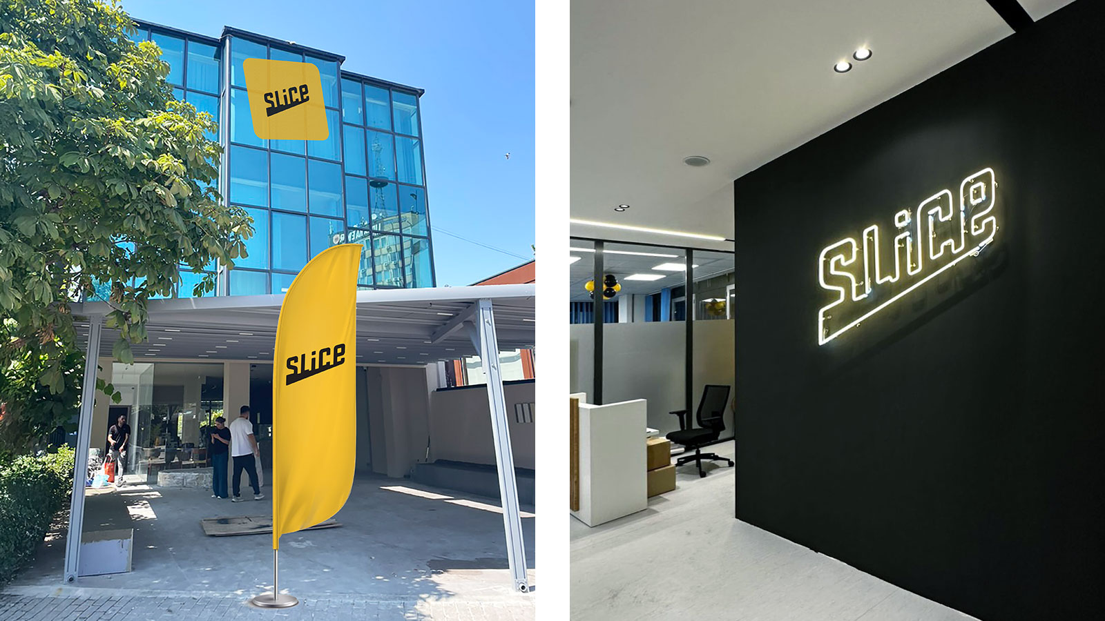 Skopje office design. Building exterior and reception neon sign.
