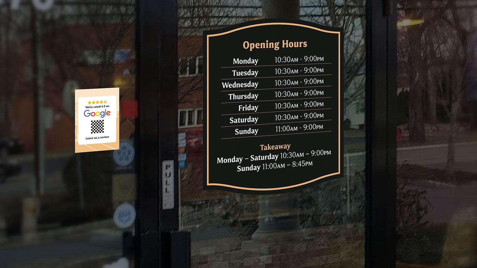 Tabor pizzeria identity. Store hours window decal.