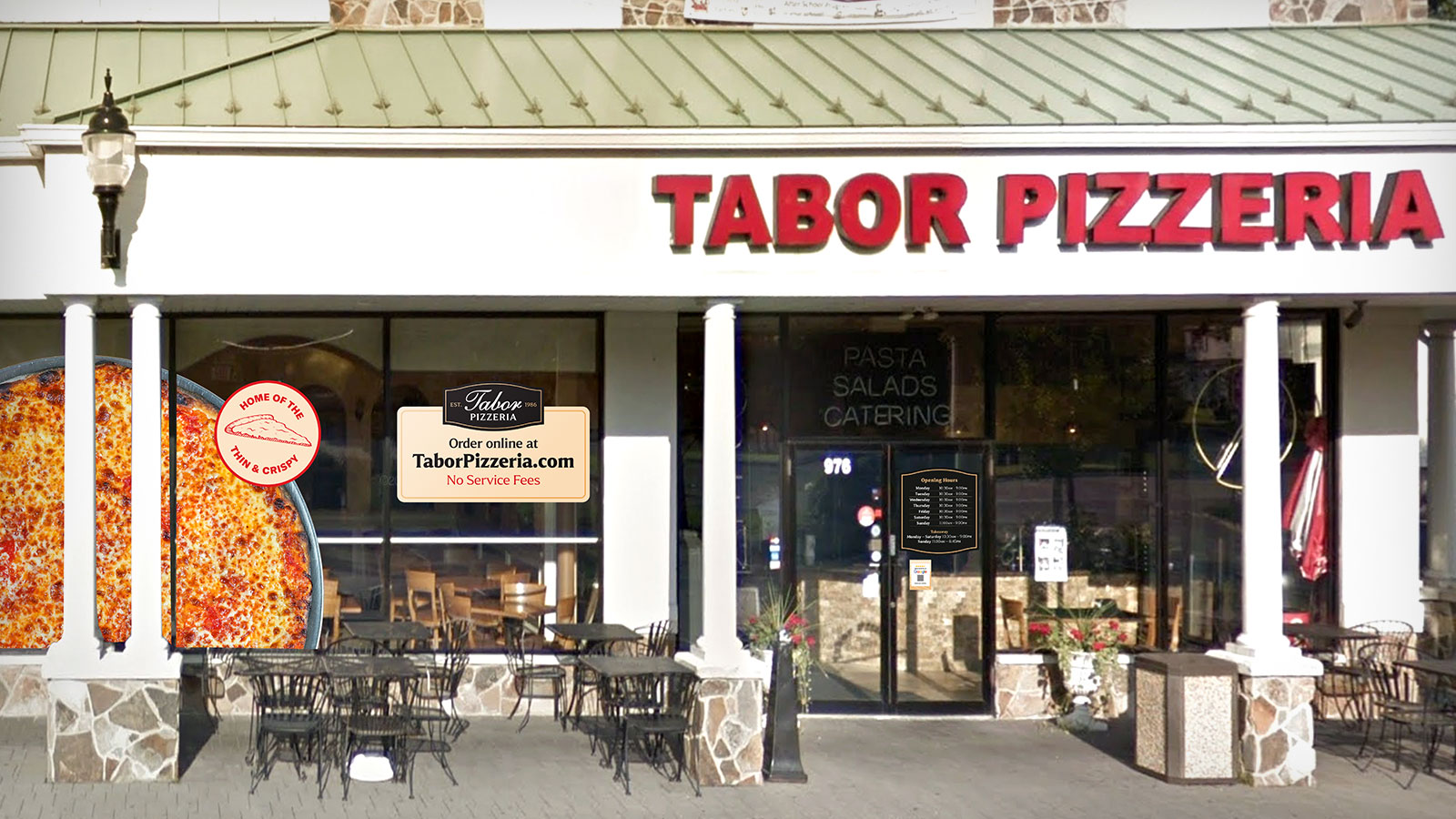 Tabor pizzeria identity. Storefront window decals.