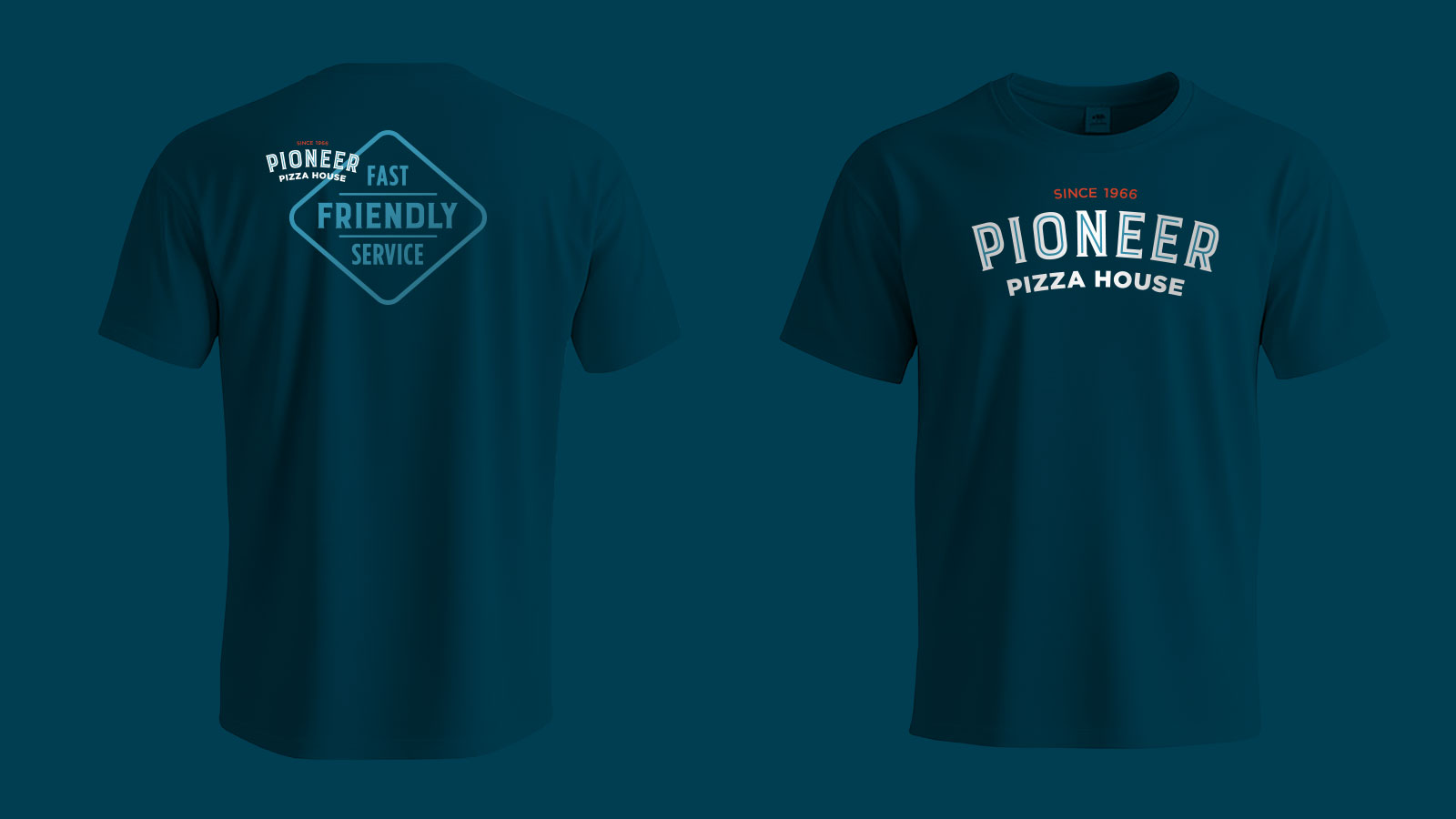 Pioneer Pizza House identity. Staff t-shirt.