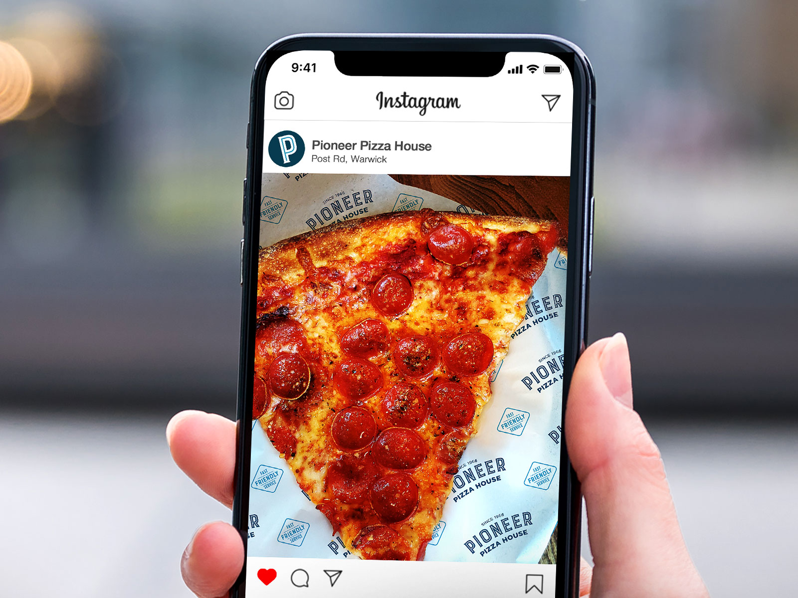 Pioneer Pizza House identity. Instagram profile and branded liner paper.