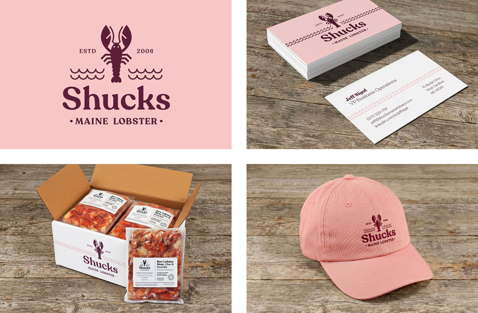 Shucks Maine Lobster brand identity — Option 2: illustrated lobster, pink and maroon palette