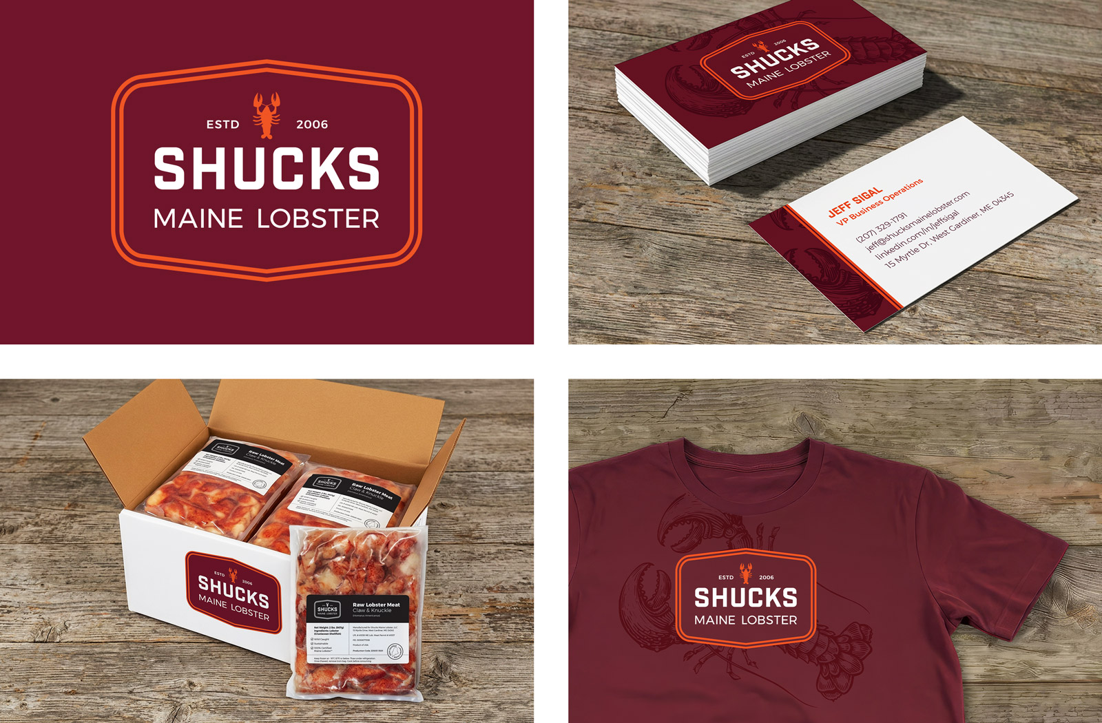 Shucks Maine Lobster brand identity — Option 3: badge format, maroon and orange, vintage engraving